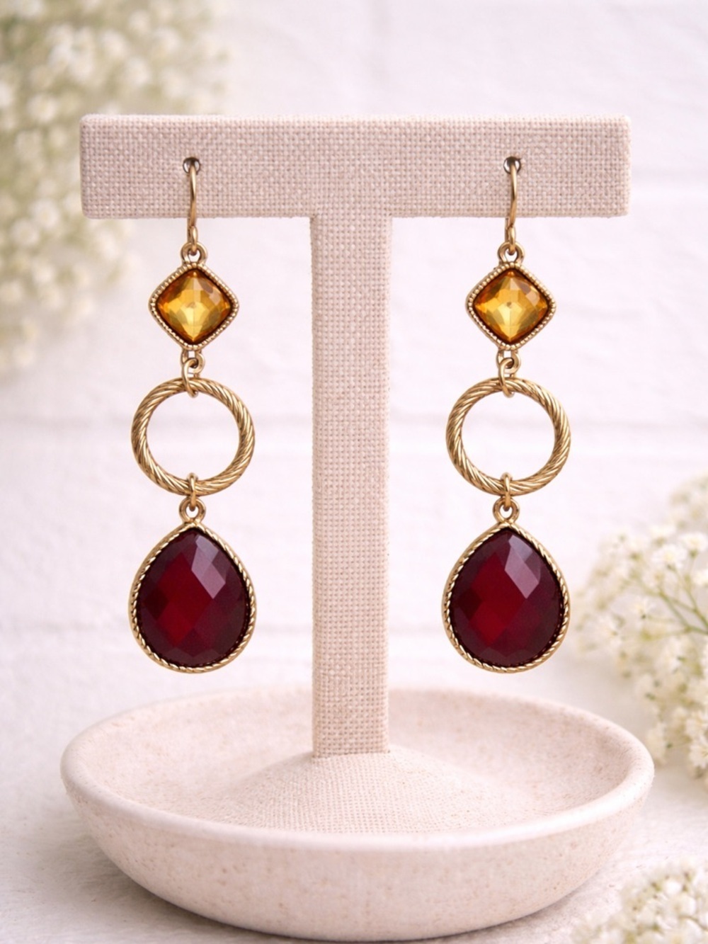 Gold-Tone Drop Earrings with Deep Red Teardrops and Amber Accents
